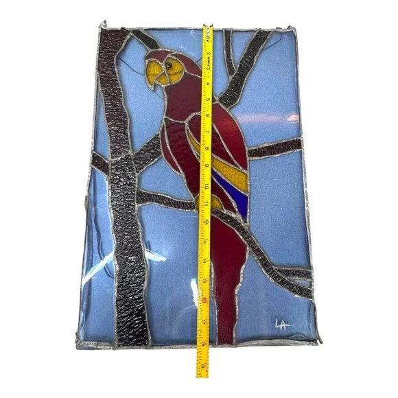 Handcrafted Signed Stained Glass Scarlet Macaw Parrot Wall Art Artisan Panel 18
